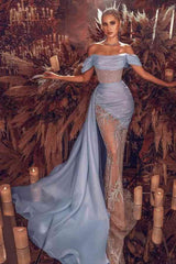 Long Off The Shoulder Mermaid Tulle Prom Dress with Appliques