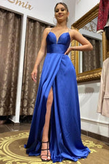 Long A-line V-neck Satin Spaghetti Straps Open Back Prom Dress with slit