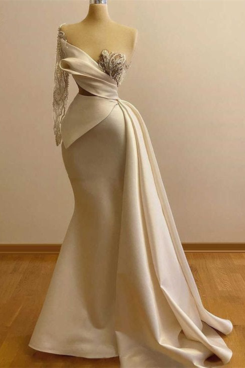 Elegant Long Mermaid One Shoulder Satin Formal Prom Dress with Sleeves