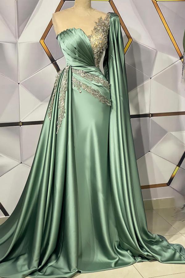 Long Mermaid Sweetheart Appliques Beading Satin Formal Dress With Side Train