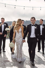 Elegant Long Mermaid Spaghetti Straps Lace V-neck Wedding Dresses