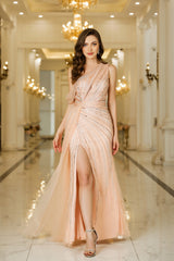 Long Mermaid One Shoulder Tulle Beadings Prom Dress with Side Slit