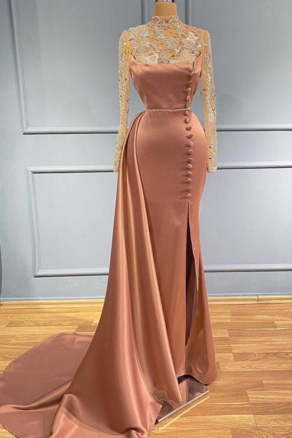 Mermaid High Neck Side Slit Long Sleeves Prom Dress with Lace Appliques