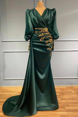 Modest Mermaid Long Sleeves Satin V-neck Formal Evening Dress with Beading