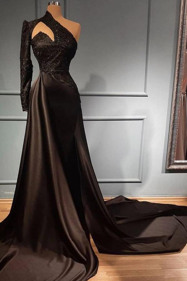 Elegant Long A-line One Shoulder Satin Black Prom Dress with Sleeves