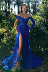Elegant Long Mermaid Off the Shoulder Glitter Prom Dress with Sleeves