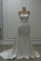 White Long Mermaid Strapless Satin Floor Length Formal Prom Dresses