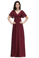 A-line Ruffle Chiffon V-Neck Long Bridesmaid Dress with Sleeves