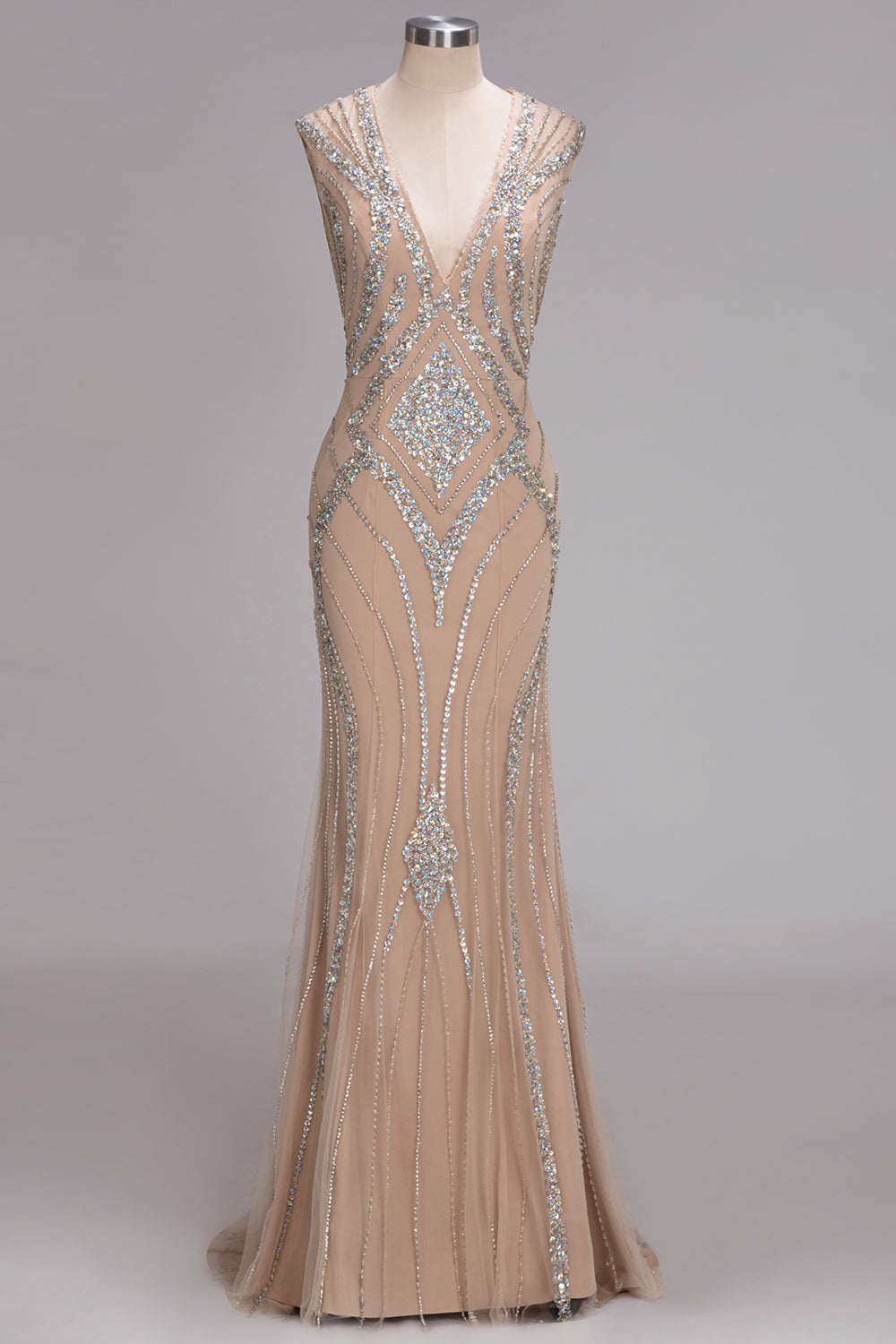 Long Mermaid V-neck Floor Length Sleeveless Sequins Prom Dresses
