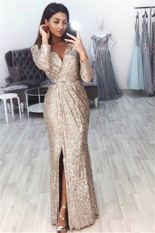 Long Sleeves V-neck Sequined Mermaid Formal Prom Dress with Slit