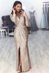 Long Sleeves V-neck Sequined Mermaid Formal Prom Dress with Slit
