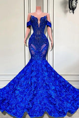 Elegant Long Mermaid Off the Shoulder Lace Royal Blue Prom Dresses