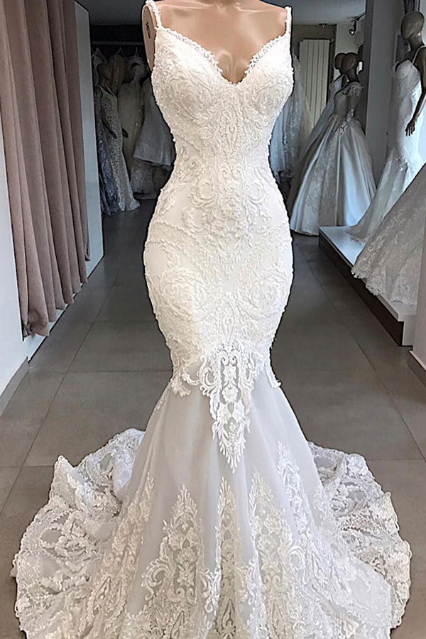 Elegant Long Sweetheart Open Back Appliques Lace Tulle Mermaid Wedding Dress