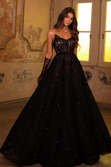 Black Long Strapless Lace Beads A Line Floor Length Prom Dress with Gloves