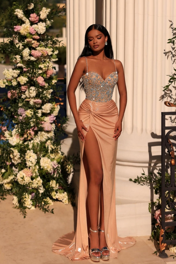 Spaghetti Straps Split Front Long Satin Prom Dress with Beads