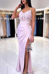 Simple Long Mermaid Spaghetti Straps Sweetheart Satin Prom Dress with Slit