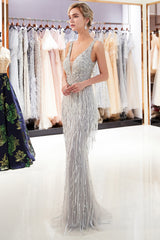 Long V-neck Beading Tulle Backless Mermaid Formal Evening Dress