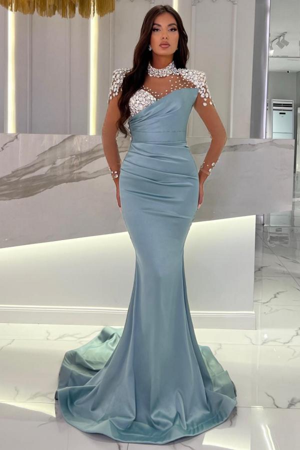 Long Mermaid High Neck Satin Beaded Court Train Formal Prom Dresses with Sleeves