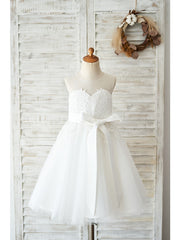 White Ball Gown Sleeveless Short Tulle Birthday Flower Girl Dresses