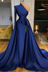 Long Mermaid One Shoulder Asymmetric Neckline Front Slit Prom Dresses with Sleeves