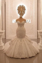 Gorgeous Long Off the Shoulder Crystal Floor Length Backless Mermaid Wedding Dresses