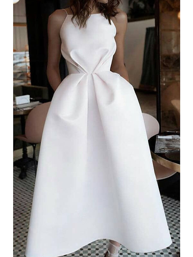 A-Line Jewel Neck Ankle Length Satin Spaghetti Strap Wedding Dresses with Pockets