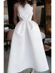 A-Line Jewel Neck Ankle Length Satin Spaghetti Strap Wedding Dresses with Pockets