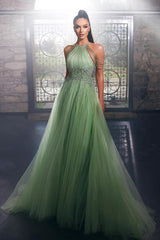 Beautiful Long A-line Halter Sparkle Tulle Keyhole Prom Dress
