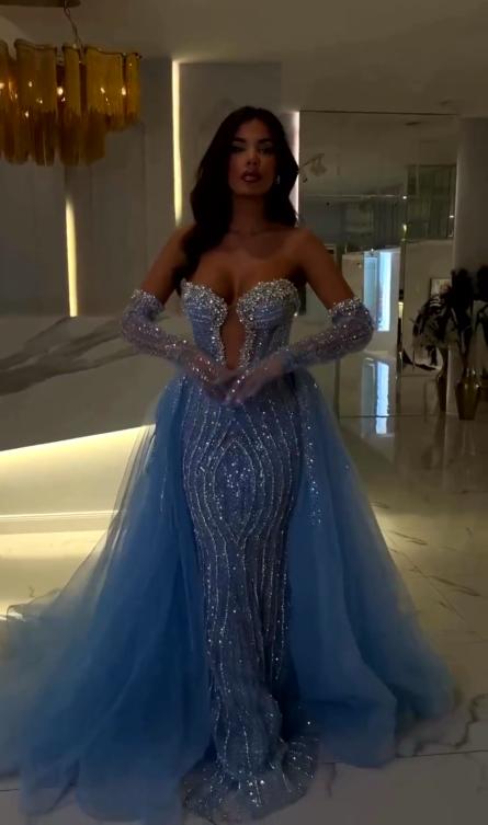 Long Sweetheart Tulle Mermaid Prom Dress with Beading