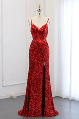 Sparkly Spaghetti Straps Mermaid Backless Split Front Prom Dress with Sequins