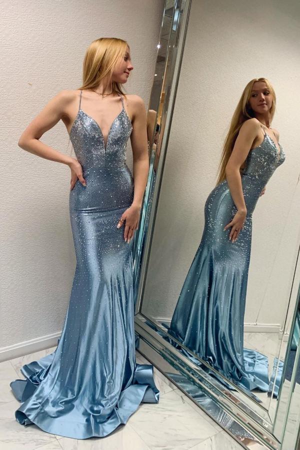 Long Mermaid V-neck Sleeveless Glitter Backless Prom Dress