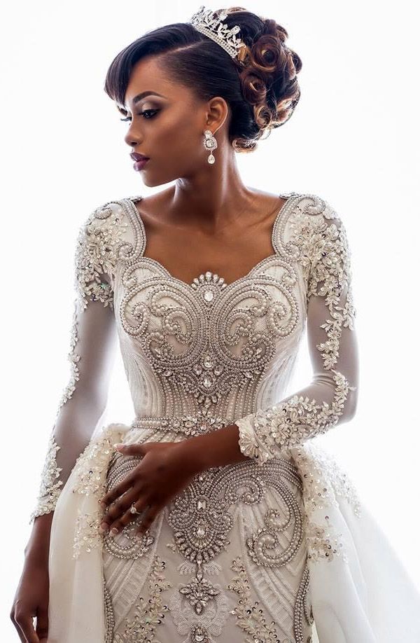 Long Mermaid Beads Lace Appliques Long Sleeve Wedding Dresses with Overskirt