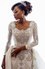 Long Mermaid Beads Lace Appliques Long Sleeve Wedding Dresses with Overskirt