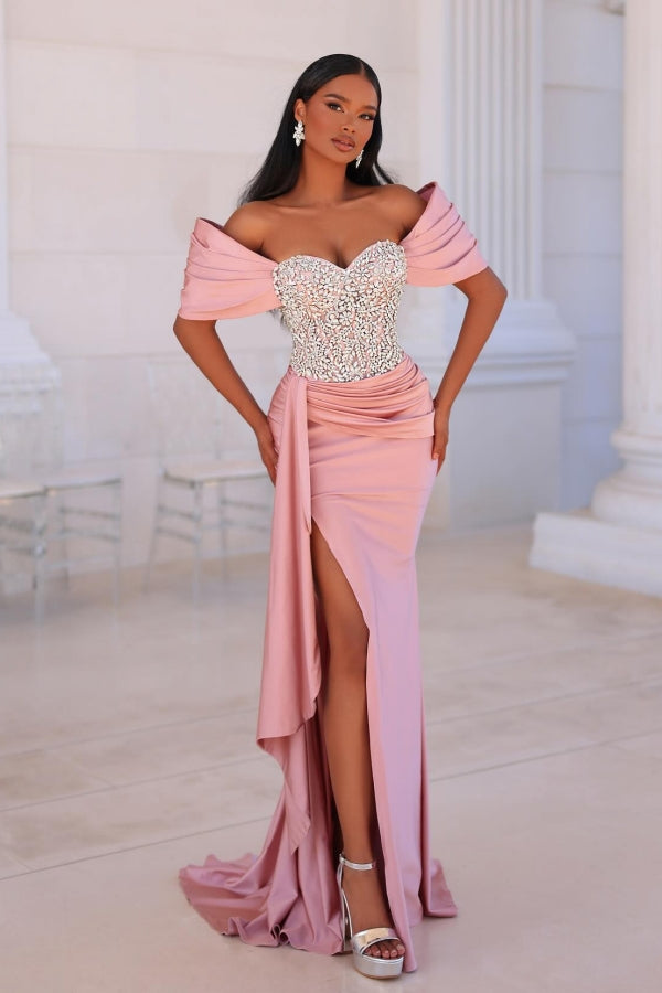 Mermaid Off The Shoulder Split Side Long Satin Prom Dress with Beads