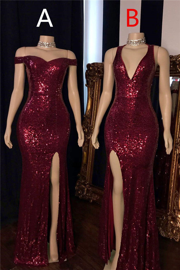 Long Mermaid Off the Shoulder Sequined Burgundy Prom Dress with Slit