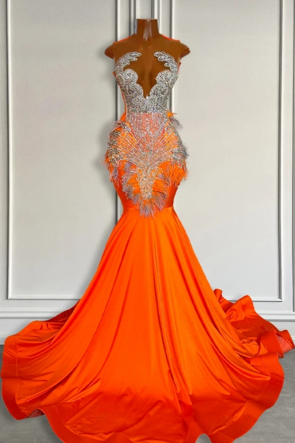 Elegant Orange Long Mermaid Beaded Satin Prom Dresses