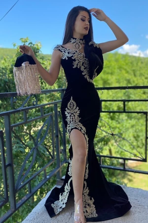 Sexy Black High Neck Appliques Lace Velvet Mermaid Formal Evening Dress With Slit