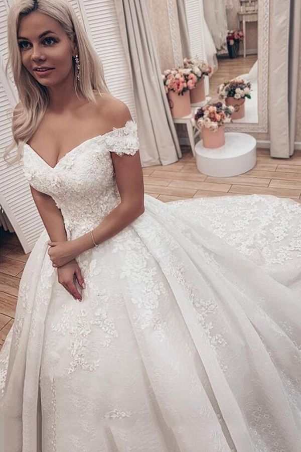 Luxury Long Off the Shoulder Ball Gown Lace Wedding Dresses