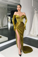 Long Mermaid Off the Shoulder Front Slit Velvet Formal Evening Dresses with Sleeves