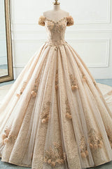 Ball Gown Long Champagne Lace Off Shoulder Court Train Beaded Wedding Dress
