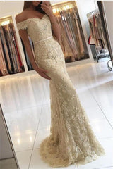 Long Off the Shoulder Floor Length Tulle Lace Mermaid Prom Dress