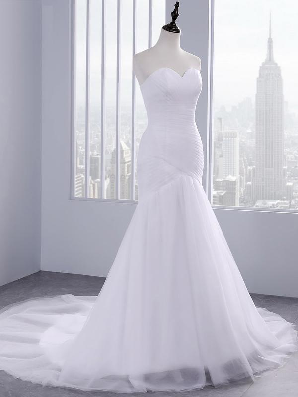 White Long Ruffle Tulle Sweetheart Mermaid Wedding Dresses
