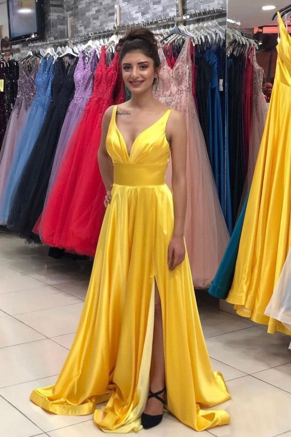 Long V-neck Spaghetti Straps Backless Ruffles A-line Split Floor Length Prom Dress