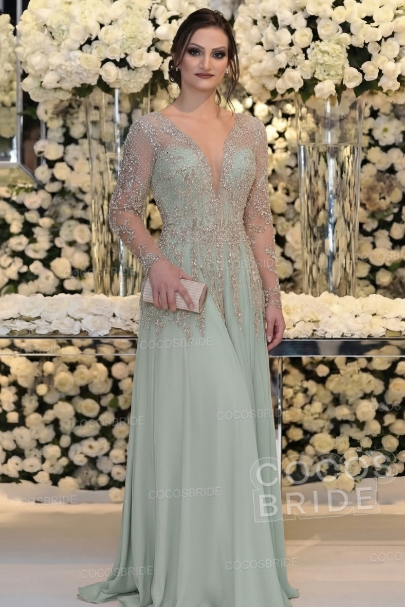Long Sleeve Floor Length A-line Mother Of Bride Dress With Beading