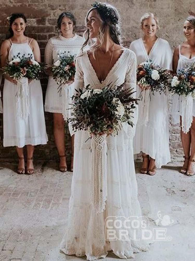 Elegant Long Sleeves A-line V-Neck Tulle Wedding Dresses