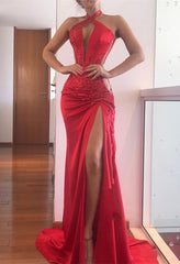 Sexy Long Mermaid Halter Satin Prom Dresses with Slit