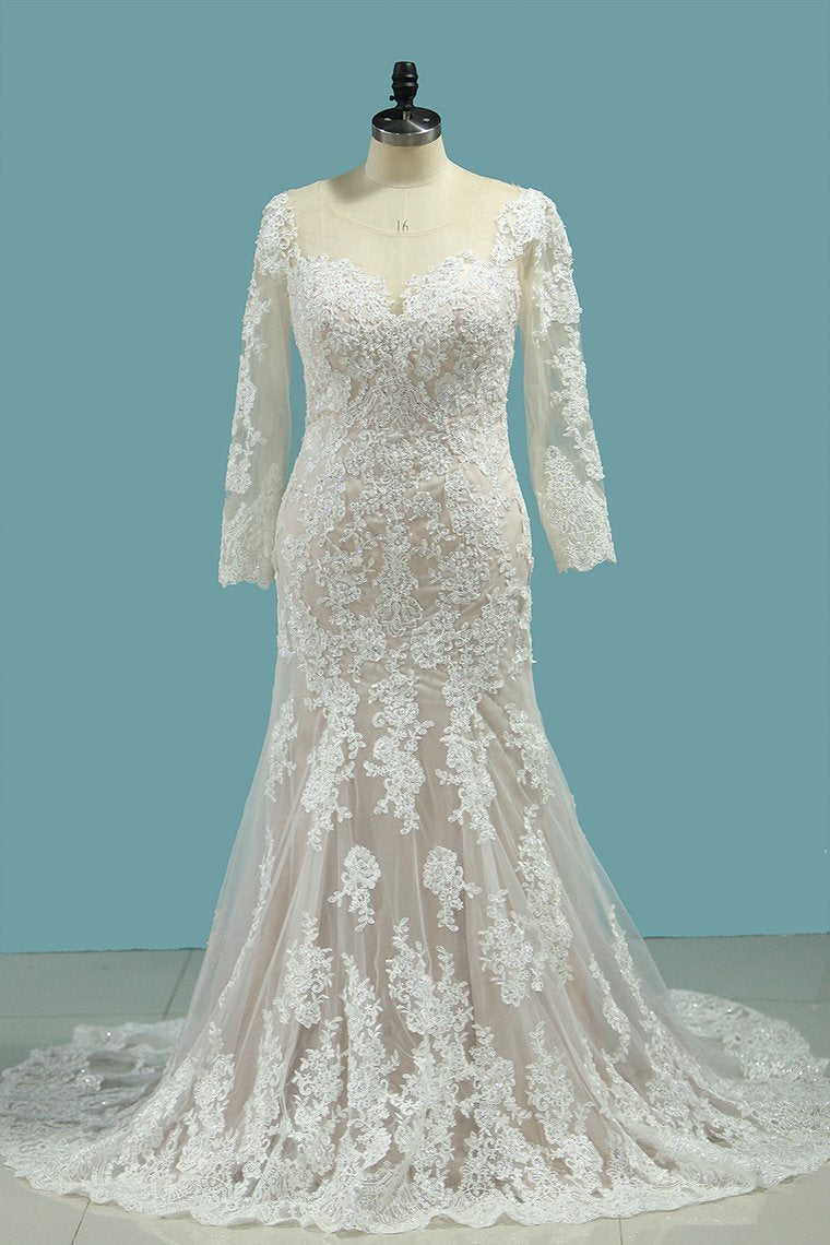 Plus Size Long Sleeve Bateau Floor Length Mermaid Wedding Dress With Appliques Lace