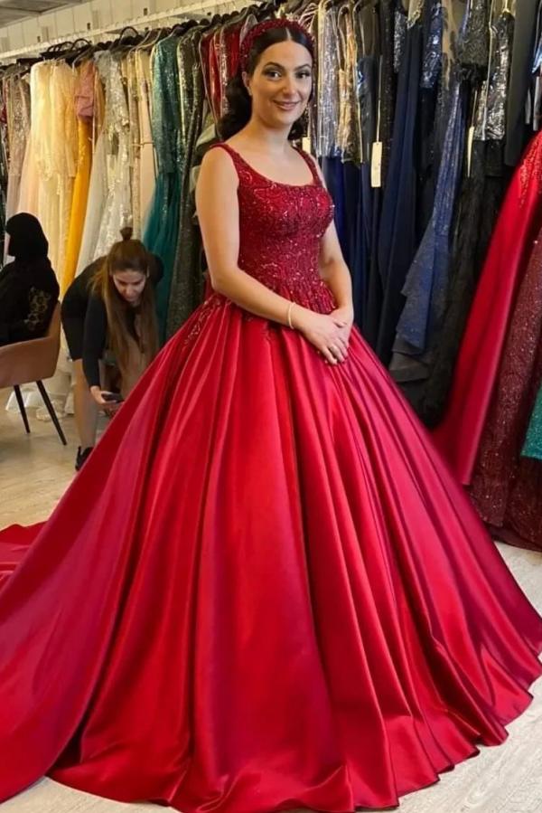 Long Ball Gown Burgundy Square Neck Lace Satin Backless Wedding Dresses