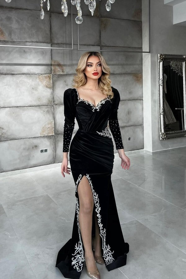 Black Long Sleeves Mermaid Sweetheart Velvet Formal Evening Dresses with Slit