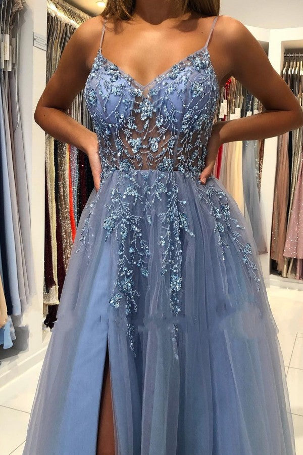 Long A-line V-neck Spaghetti Straps Open Back Prom Dress with Slit